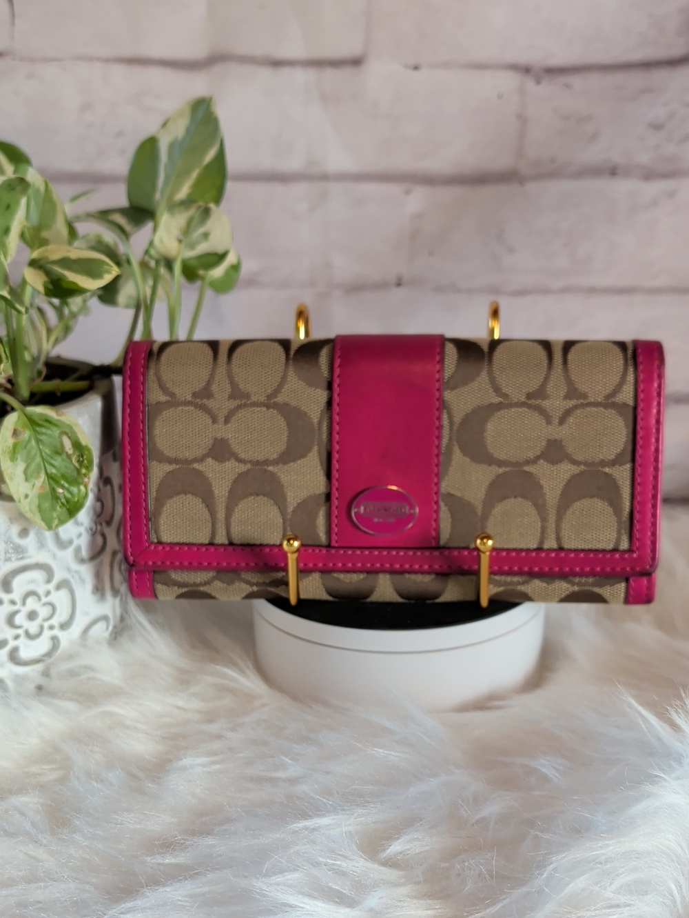 Coach Signature Canvas Wallet with Bright Pink Trim